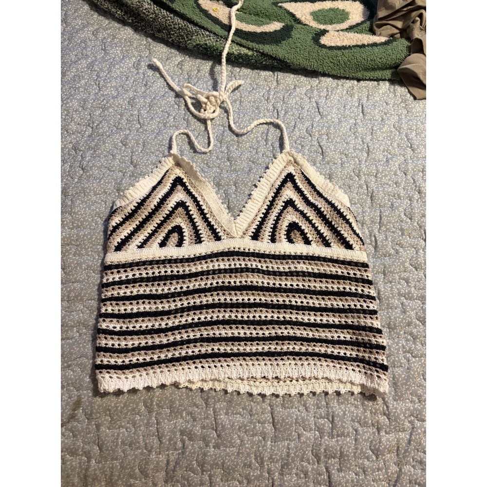 Marine Layer Crochet Halter Top Womens M Cream Black NWT Festival Boho Coastal